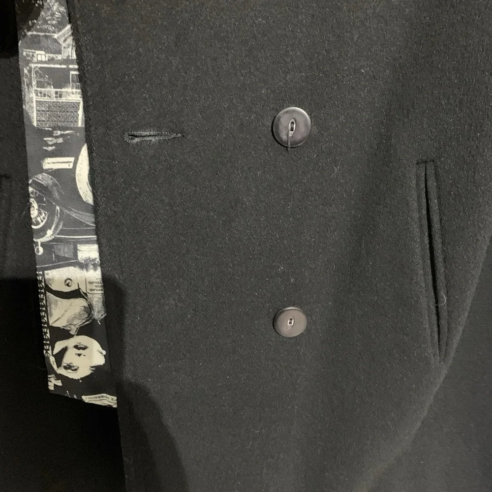 Vintage Alorna Lined Wool Double Breasted‎ Trench Pea Coat Womens L Black USA
